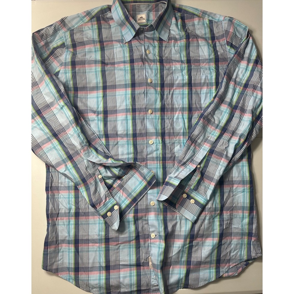 Peter Millar Mens Large Plaid Button Down Shirt Blue Pink Cotton Long Sleeve